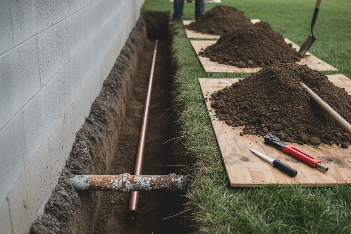 Excavated water line trench during Water Softener Installation in Westwego
